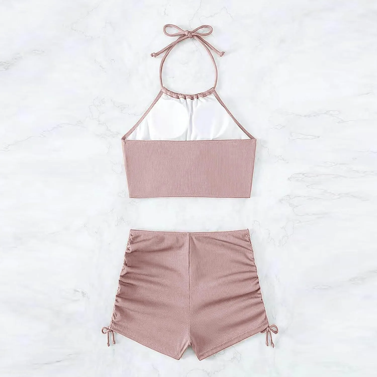 2 Piece Swimsuit for Women High Waisted Shorts Tummy Control Strap Cut Out Halter Bikini Sets Double Drawstring