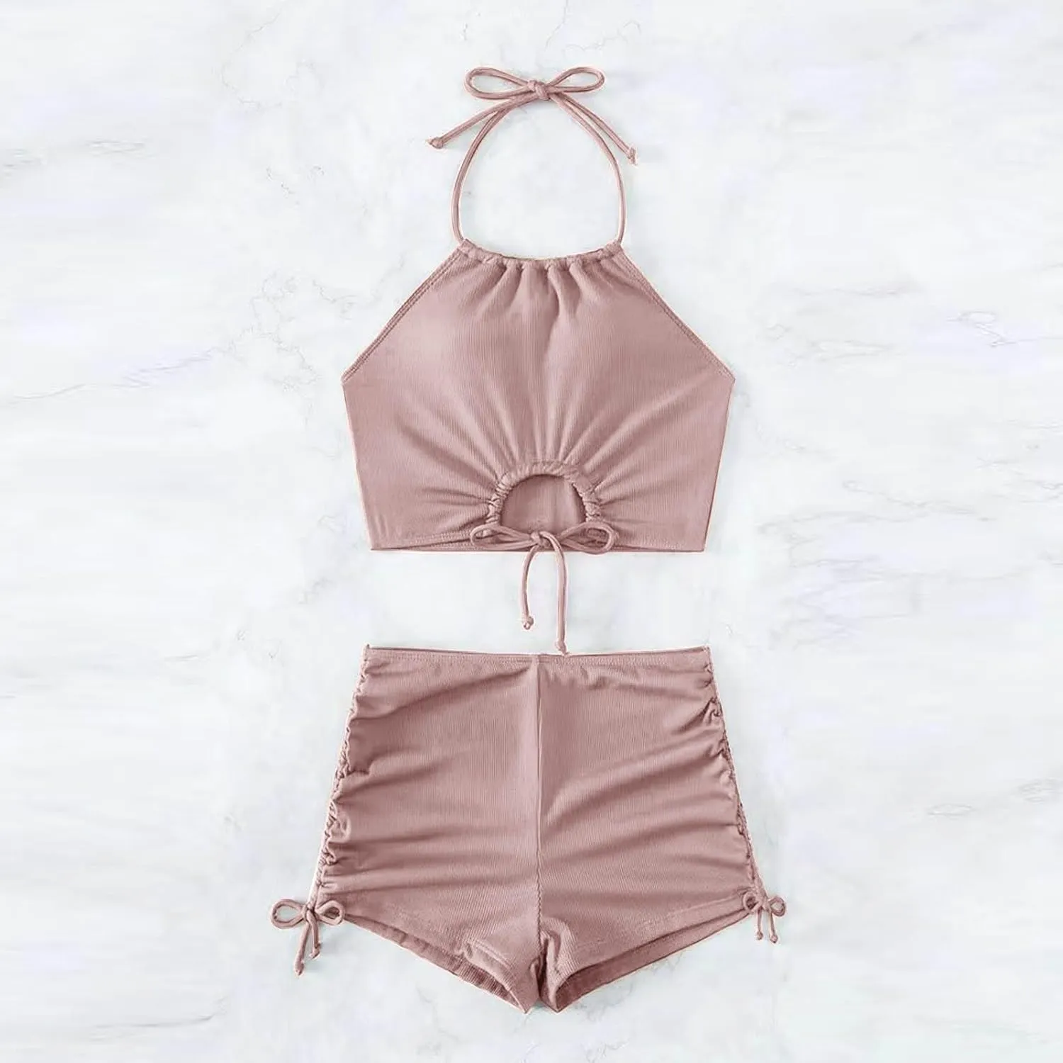 2 Piece Swimsuit for Women High Waisted Shorts Tummy Control Strap Cut Out Halter Bikini Sets Double Drawstring