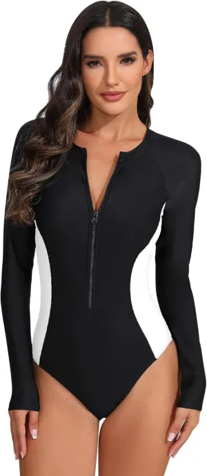 ABOCIW Women's One Piece Swimsuits Long Sleeve Rash Guard UV Protection Zipper Surfing Swimsuit Bathing Suit