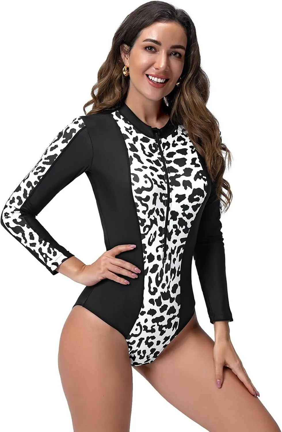 ABOCIW Women's One Piece Swimsuits Long Sleeve Rash Guard UV Protection Zipper Surfing Swimsuit Bathing Suit