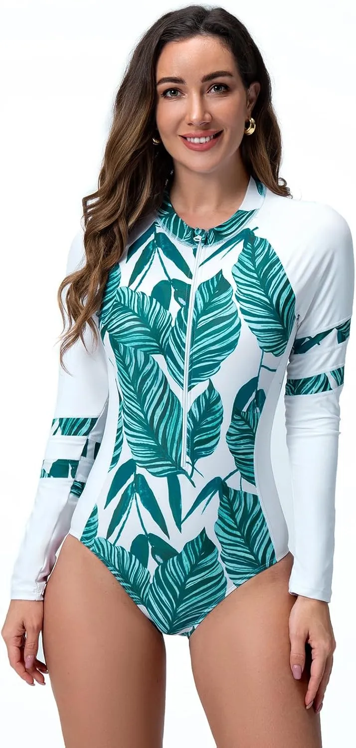 ABOCIW Women's One Piece Swimsuits Long Sleeve Rash Guard UV Protection Zipper Surfing Swimsuit Bathing Suit