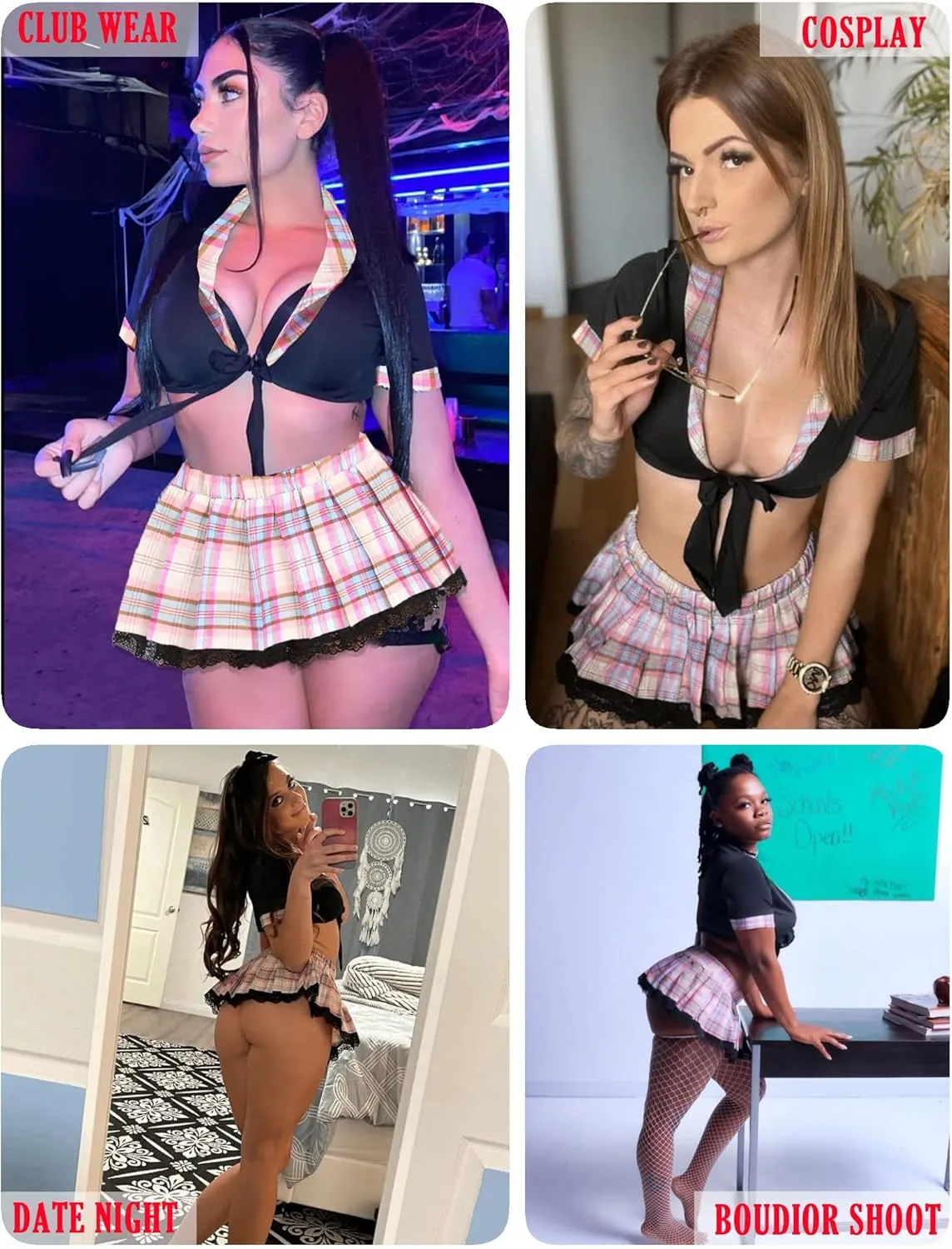 ADOME Lingerie for Women Sexy Schoolgirl Costume 0utfit Lingerie Set Lace Student Cosplay Roleplay with Top and Mini Skirt