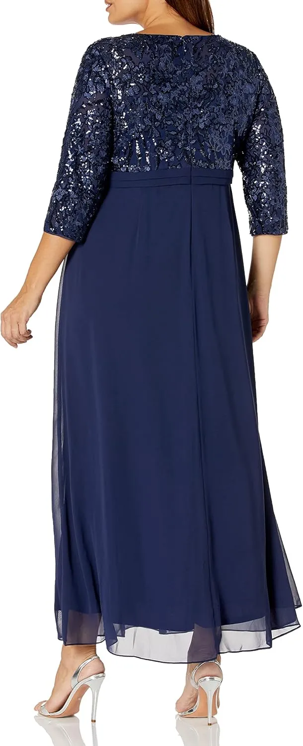 Alex Evenings Women's Long Lace Top Mother of The Bride Dress with Empire Waist (Plus Size)