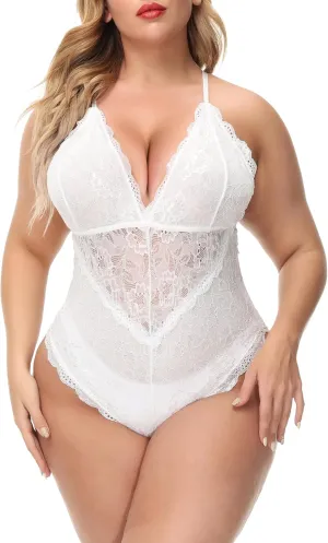 Aranmei Sexy Plus Size Teddy Lingerie,Snap Crotch Lace Bodysuit,Deep V One Piece Lingerie for Women 1X-4X