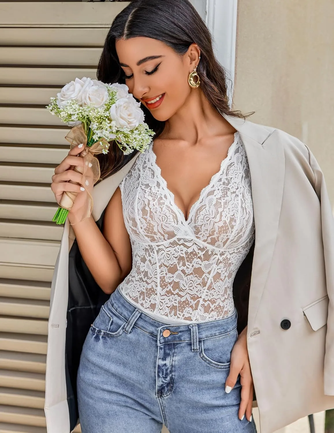 Avidlove Lace Bodysuits for Women Sexy V Neck Sheer Bodysuit Tops Snap Crotch One Piece Teddy