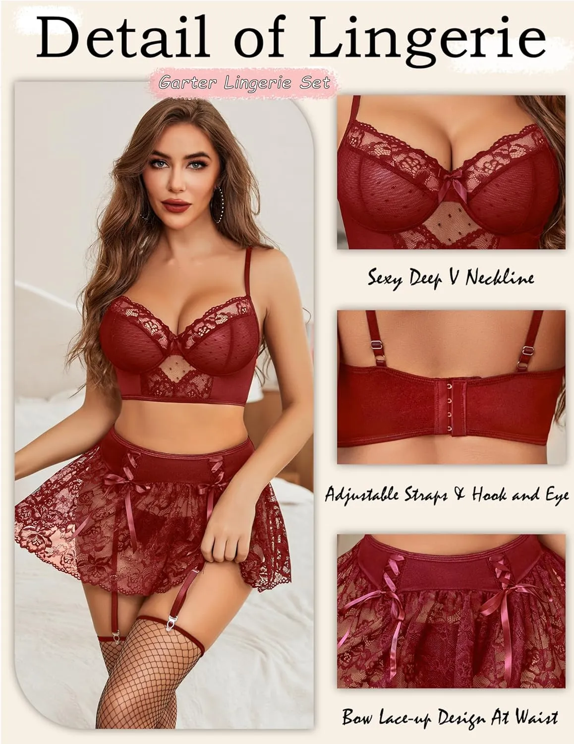 Avidlove Lingerie Set for Women 3Pcs Bralette and Panty with Lace Skirt Sexy Garter Set (No Stockings) S-XXL