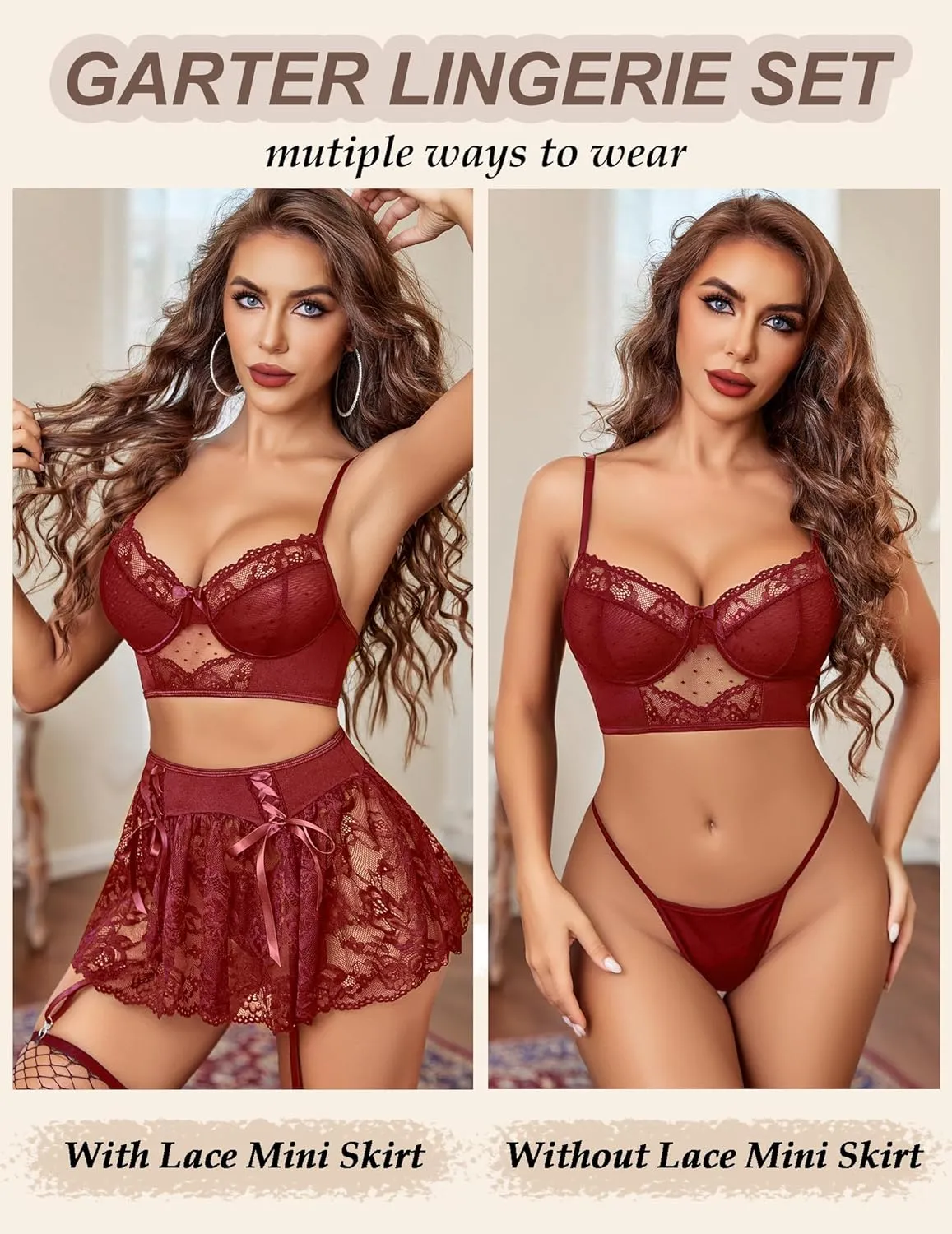 Avidlove Lingerie Set for Women 3Pcs Bralette and Panty with Lace Skirt Sexy Garter Set (No Stockings) S-XXL