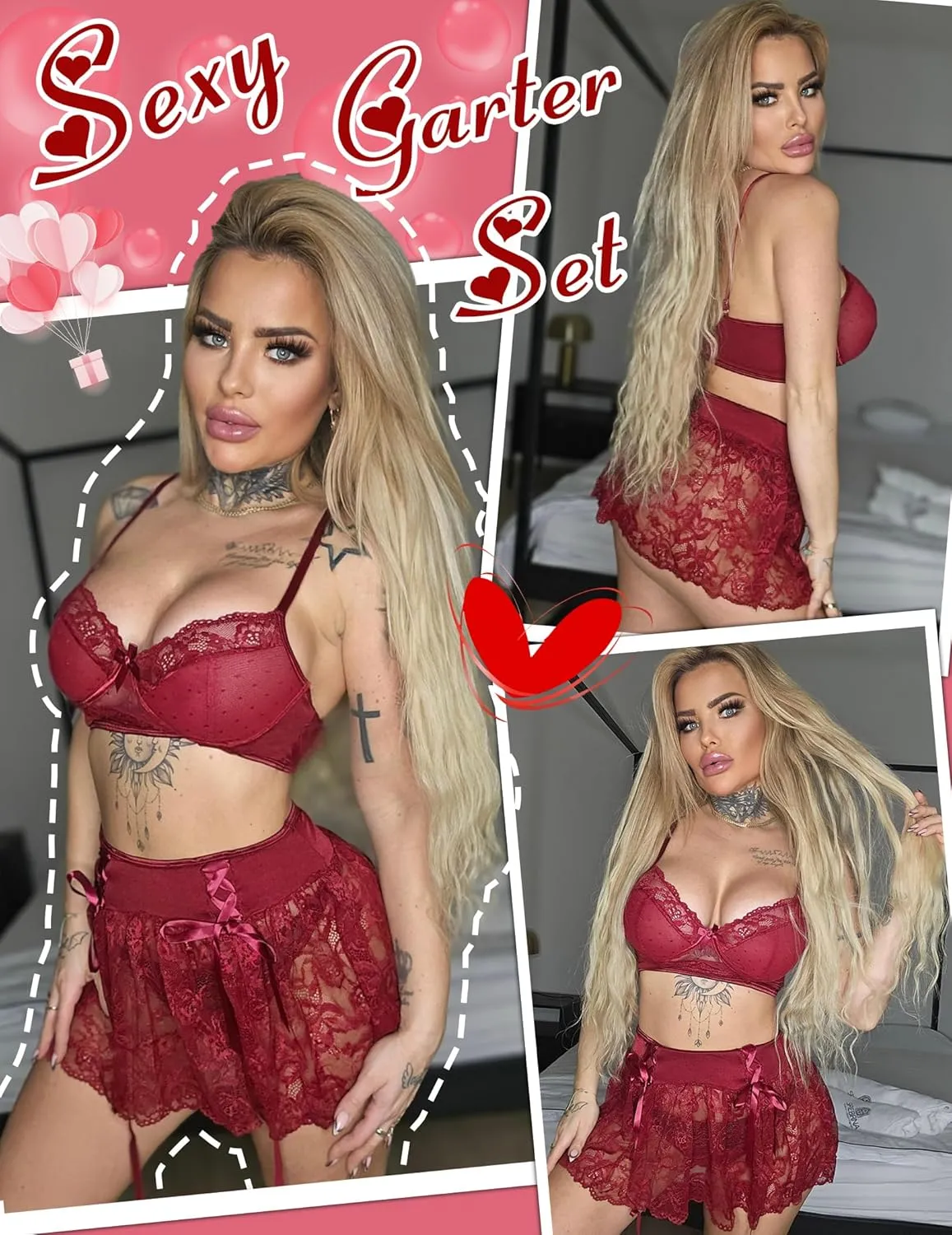 Avidlove Lingerie Set for Women 3Pcs Bralette and Panty with Lace Skirt Sexy Garter Set (No Stockings) S-XXL