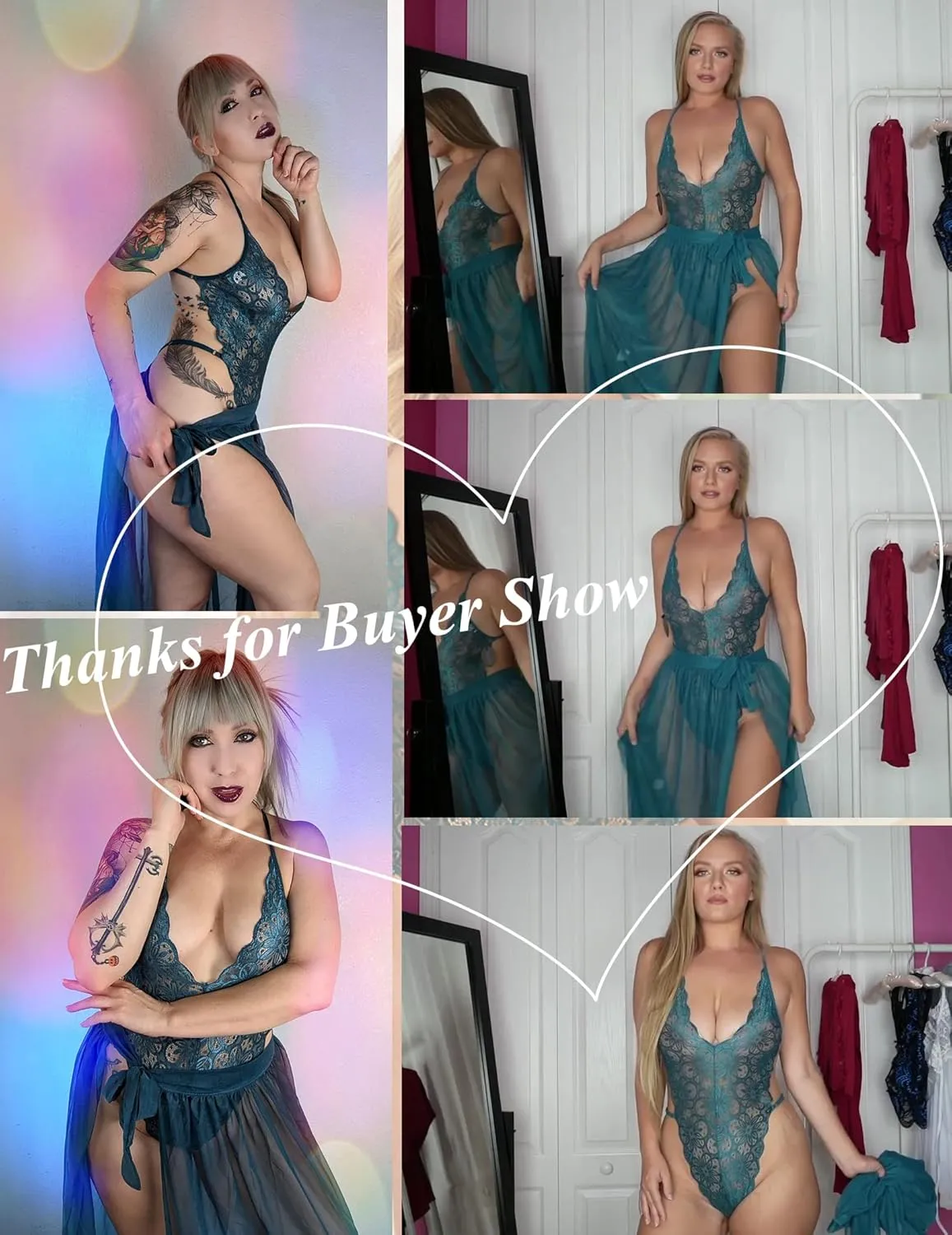 Avidlove Women One Piece Lingerie Deep V Lace Bodysuit Mosaic Lace Teddy Mesh Skirt