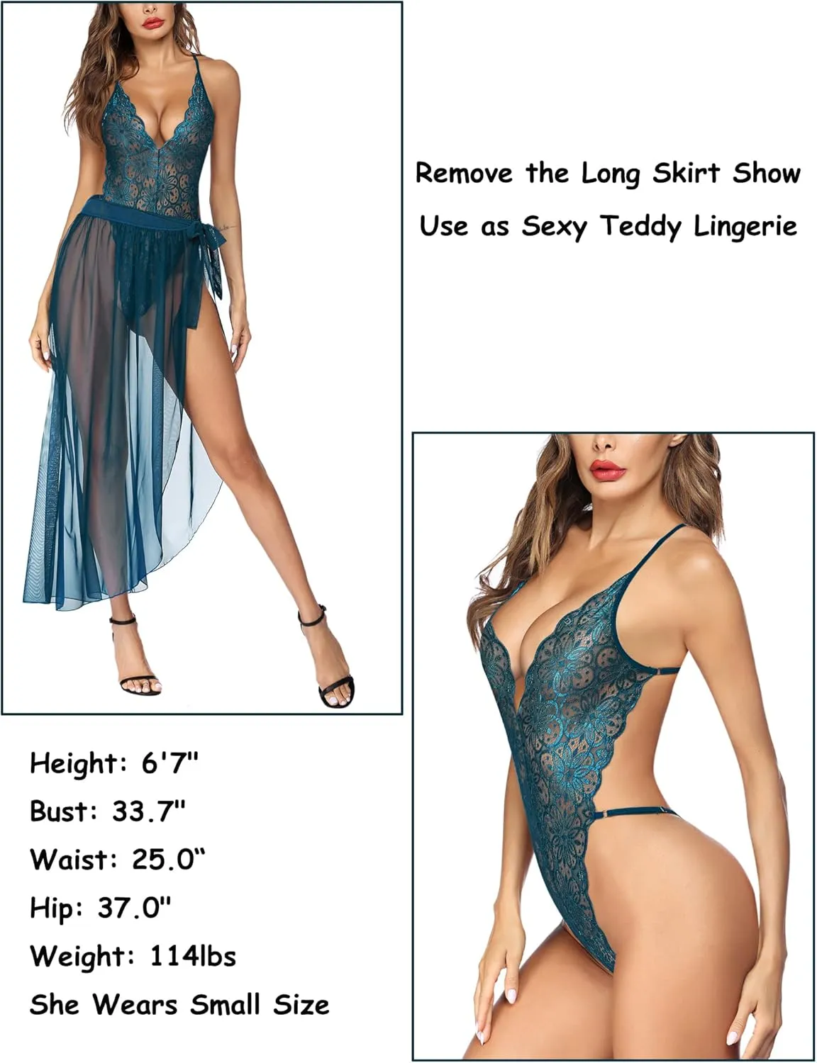 Avidlove Women One Piece Lingerie Deep V Lace Bodysuit Mosaic Lace Teddy Mesh Skirt