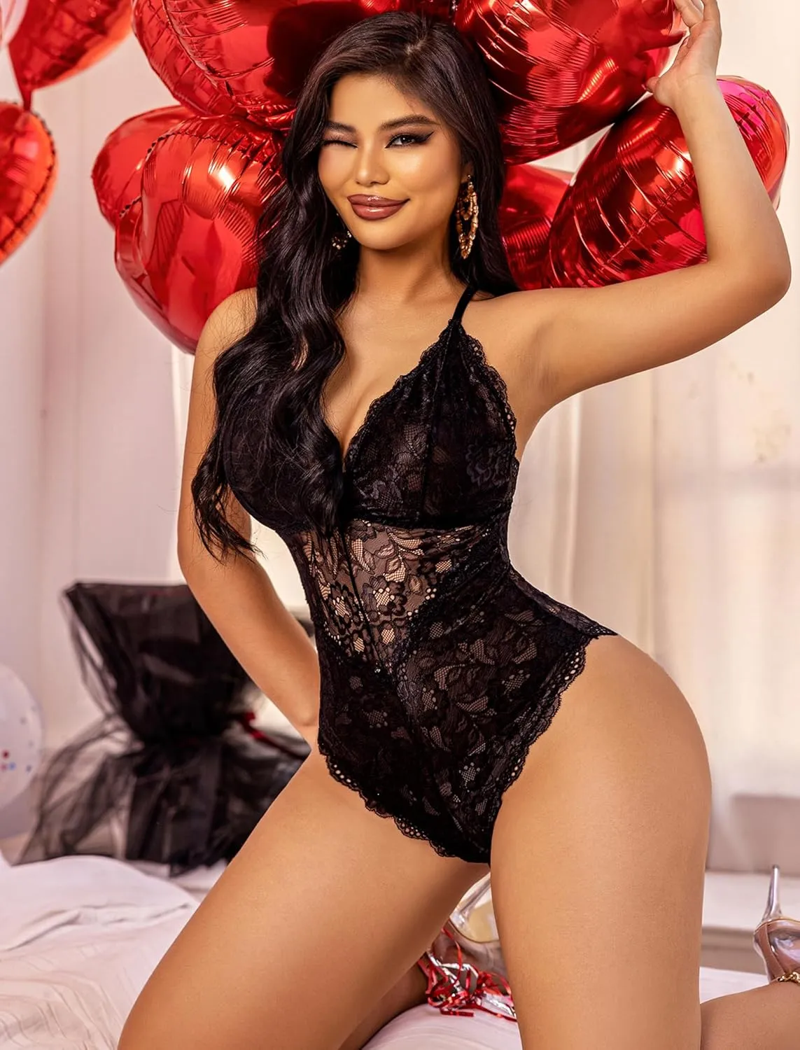 Avidlove Women Snap Crotch Lingerie Sexy Lace Bodysuit Deep V Teddy One Piece Lace Babydoll