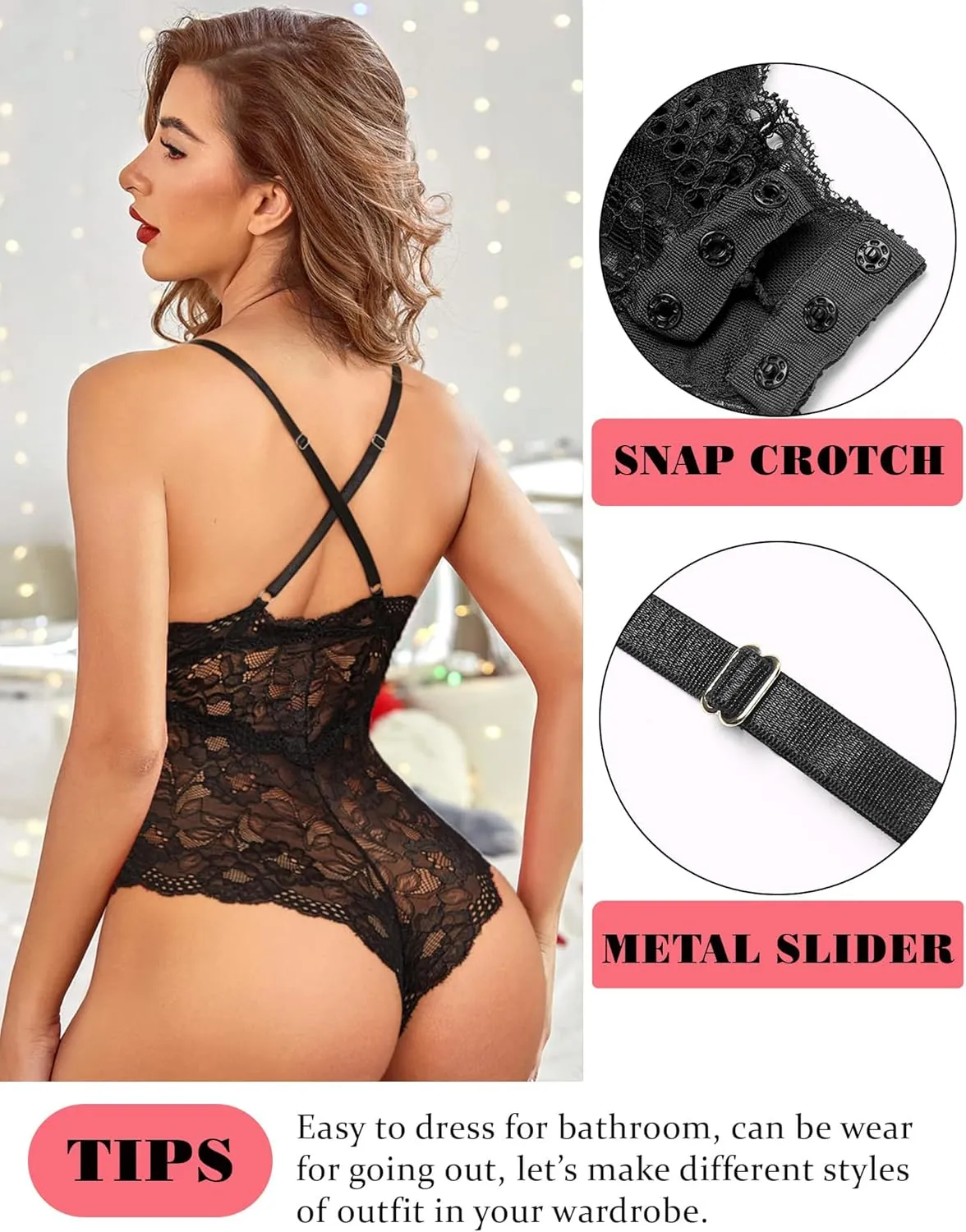 Avidlove Women Snap Crotch Lingerie Sexy Lace Bodysuit Deep V Teddy One Piece Lace Babydoll