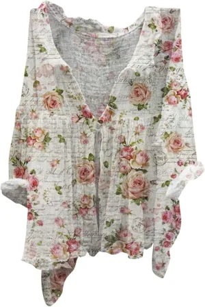 Baggy Linen Shirts for Women Casual Collared V Neck Long Sleeve Button Down Shirts Floral Print Gauze Shirt Blouses