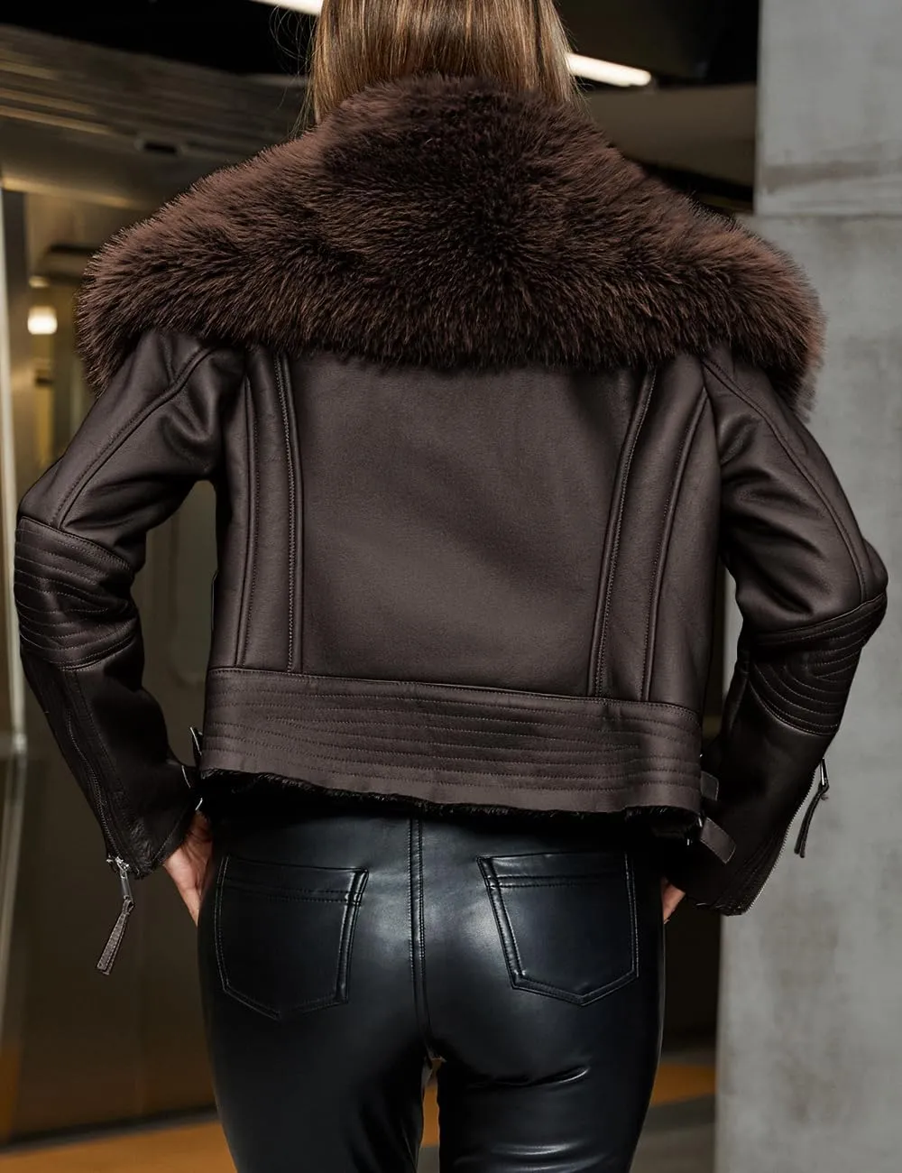 Bellivera Women's Faux Leather Jacket Moto Biker Sherpa-Lined Coat with Removable Fur Collar