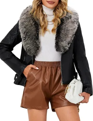 Bellivera Women's Faux Leather Jacket Moto Biker Sherpa-Lined Coat with Removable Fur Collar