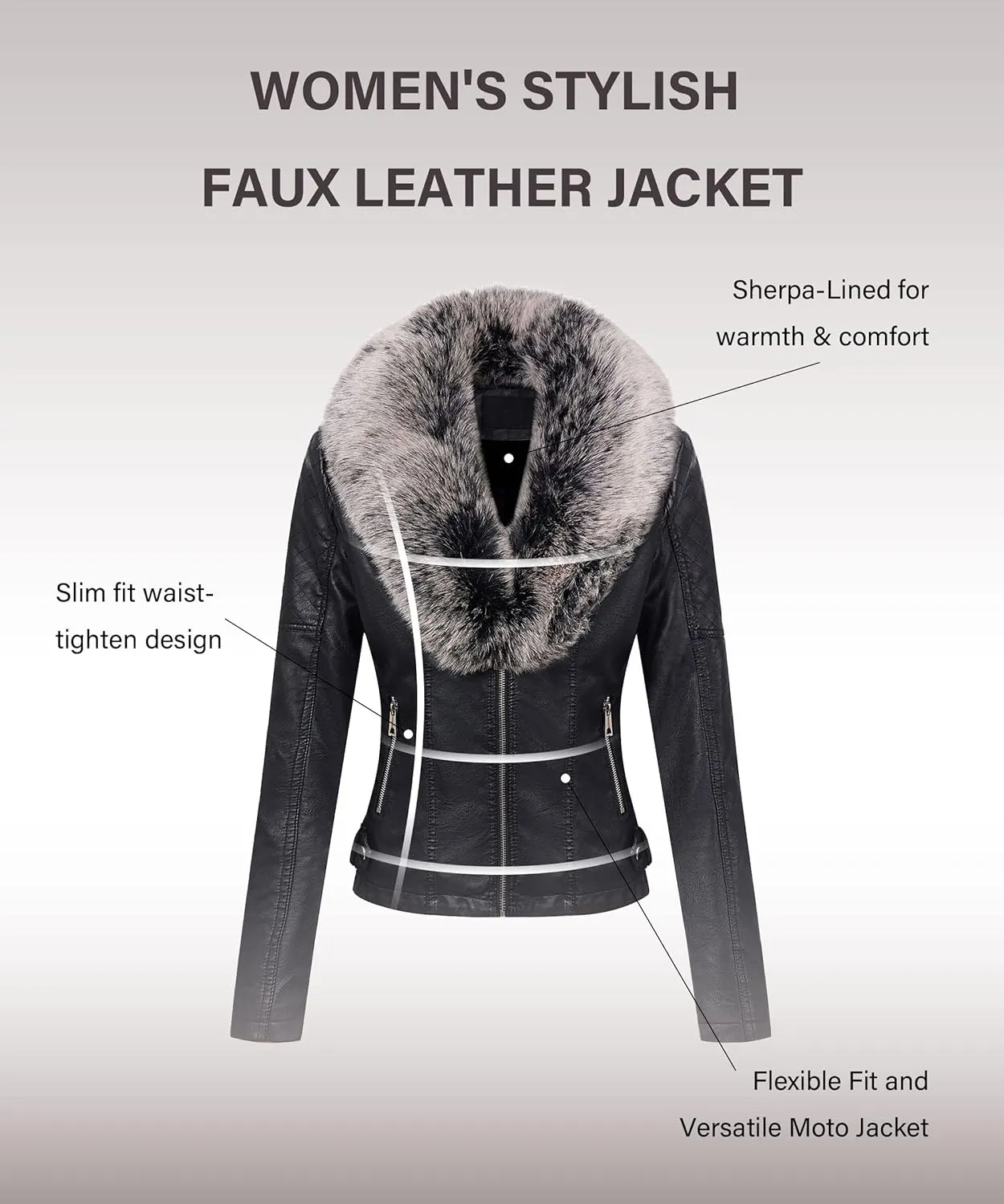 Bellivera Women's Faux Leather Jacket Moto Biker Sherpa-Lined Coat with Removable Fur Collar
