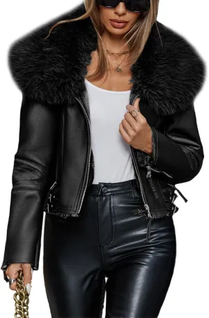 Bellivera Women's Faux Leather Jacket Moto Biker Sherpa-Lined Coat with Removable Fur Collar