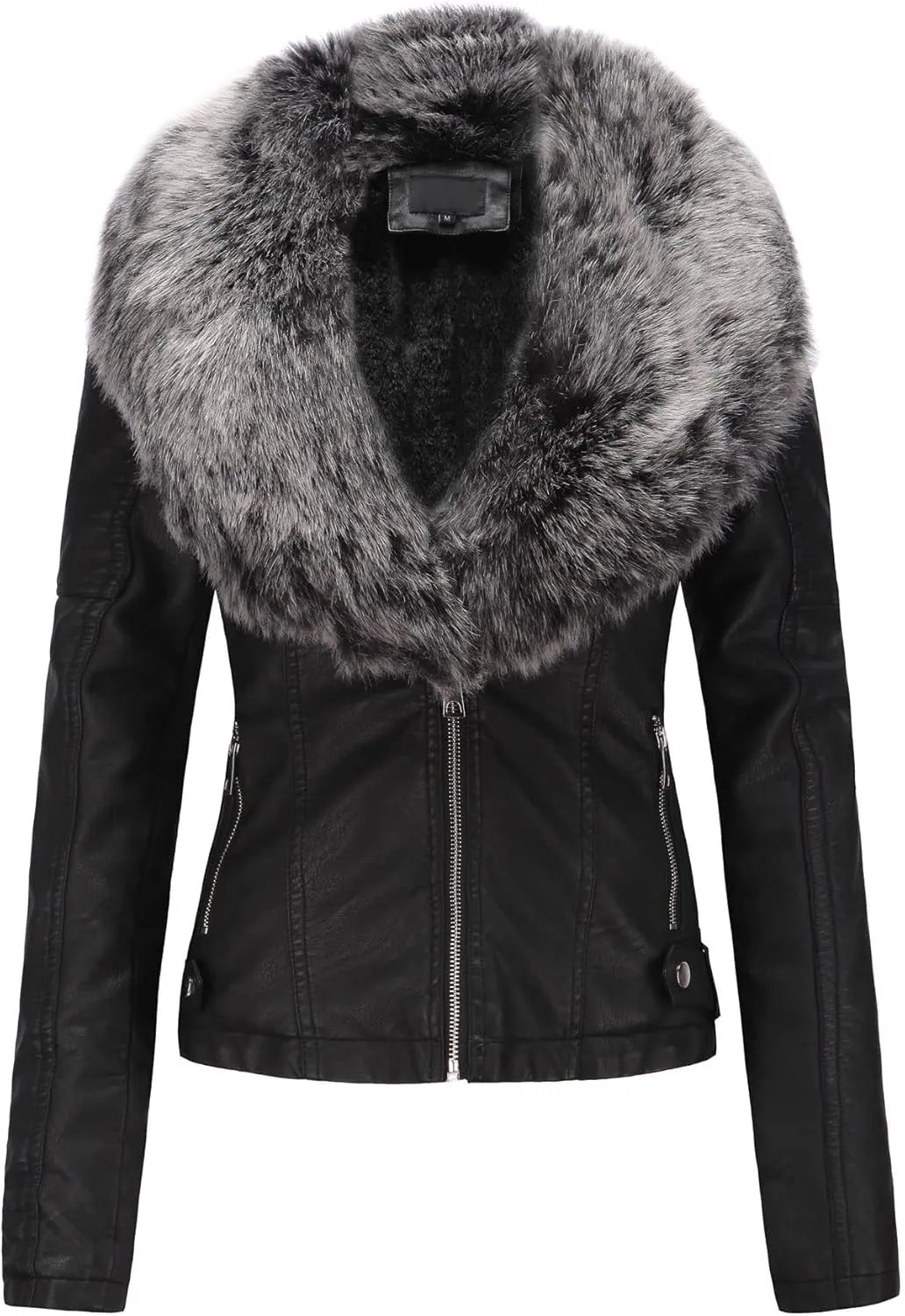 Bellivera Women's Faux Leather Jacket Moto Biker Sherpa-Lined Coat with Removable Fur Collar