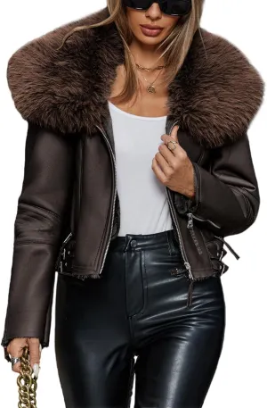 Bellivera Women's Faux Leather Jacket Moto Biker Sherpa-Lined Coat with Removable Fur Collar