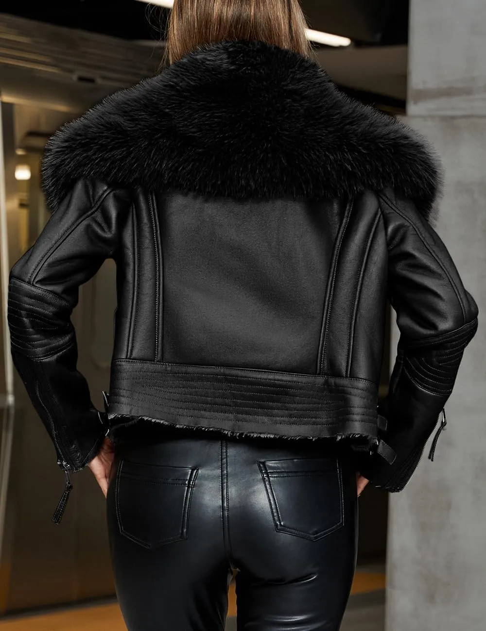 Bellivera Women's Faux Leather Jacket Moto Biker Sherpa-Lined Coat with Removable Fur Collar