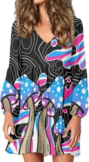 Bengbobar 2023 Mushroom Dress Women Graphic Long Puff Sleeve Casual Loose Summer V Neck Tunic Midi Flowy Pleated Shift Dress