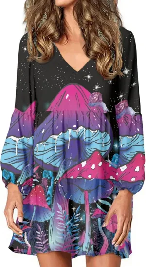 Bengbobar 2023 Mushroom Dress Women Graphic Long Puff Sleeve Casual Loose Summer V Neck Tunic Midi Flowy Pleated Shift Dress