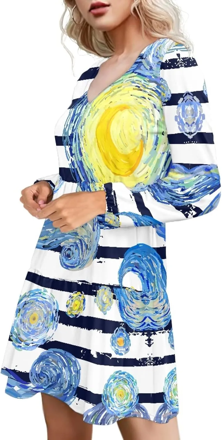 Bengbobar 2023 Van Gogh Dress Women Starry Night Summer Spring Tunic Mini Long Puff Sleeve Casual Loose Flowy Shift Dress