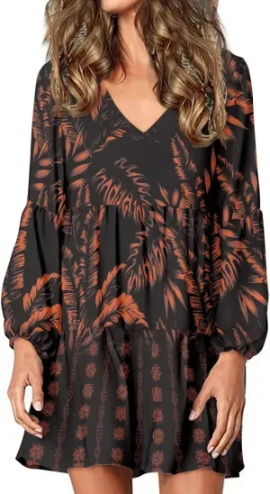 Bengbobar Womens Polynesian Print Dress Flower V Neck Long Puff Sleeve Casual Summer Elegant Mini Loose Pleated Shift Dresses