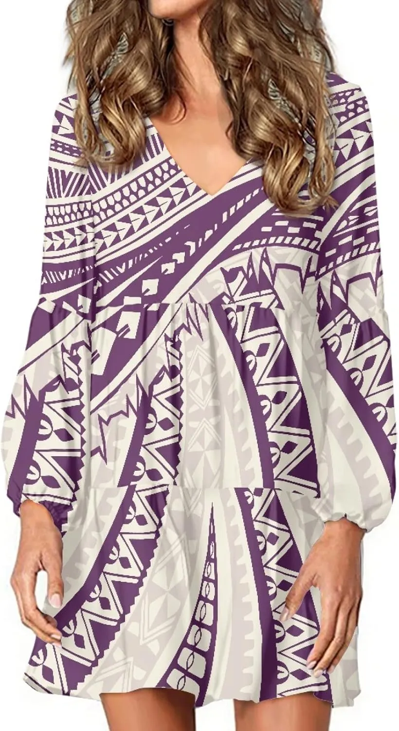 Bengbobar Womens Polynesian Print Dress Flower V Neck Long Puff Sleeve Casual Summer Elegant Mini Loose Pleated Shift Dresses