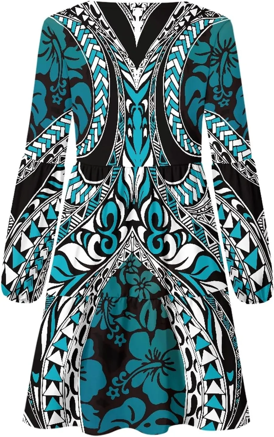 Bengbobar Womens Polynesian Print Dress Flower V Neck Long Puff Sleeve Casual Summer Elegant Mini Loose Pleated Shift Dresses