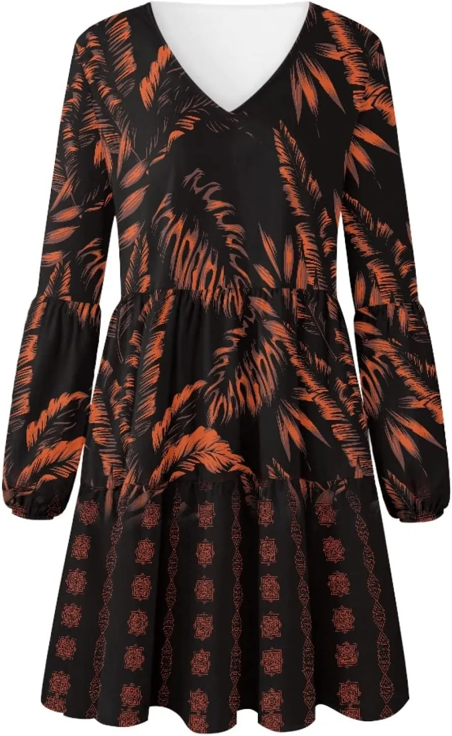 Bengbobar Womens Polynesian Print Dress Flower V Neck Long Puff Sleeve Casual Summer Elegant Mini Loose Pleated Shift Dresses