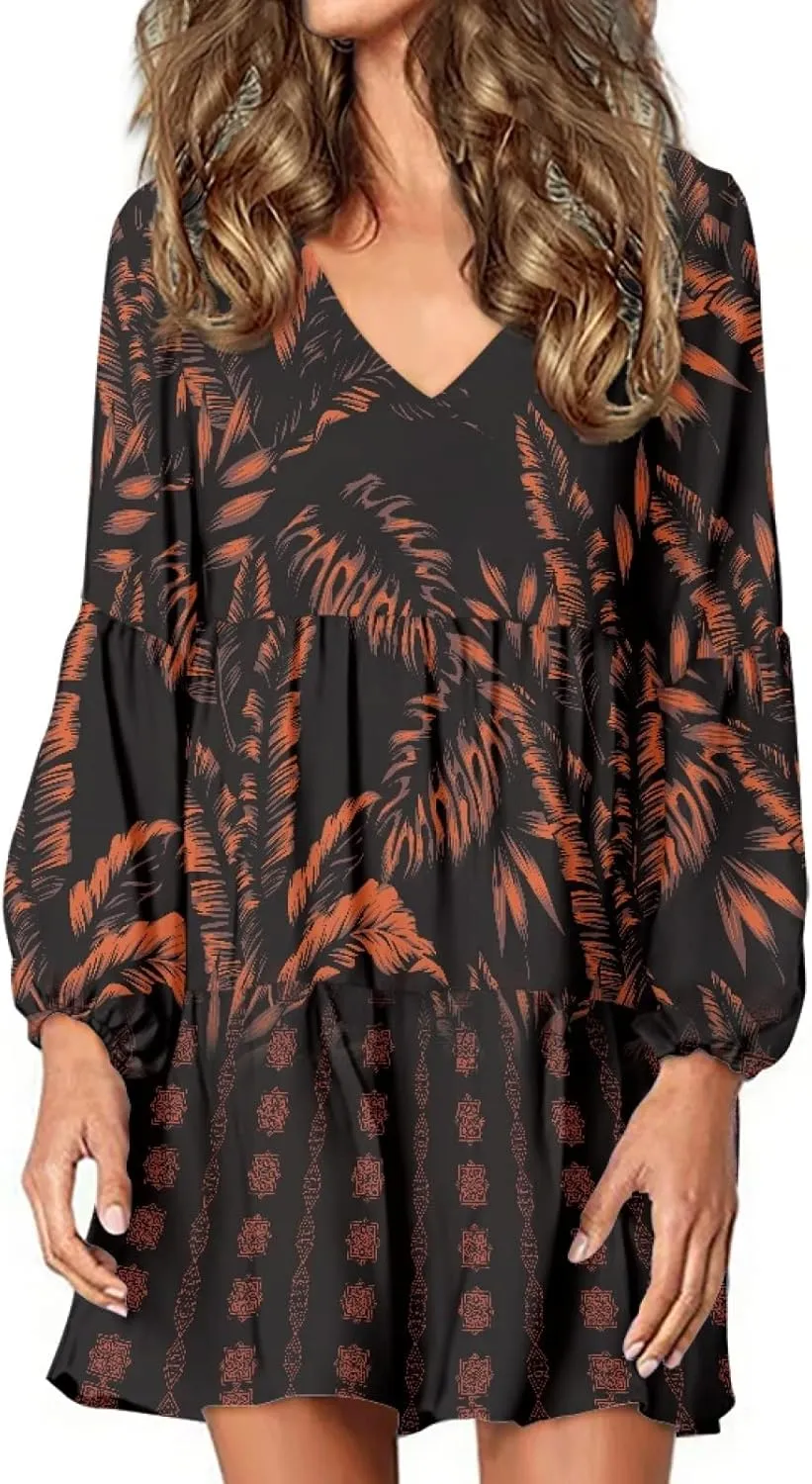 Bengbobar Womens Polynesian Print Dress Flower V Neck Long Puff Sleeve Casual Summer Elegant Mini Loose Pleated Shift Dresses