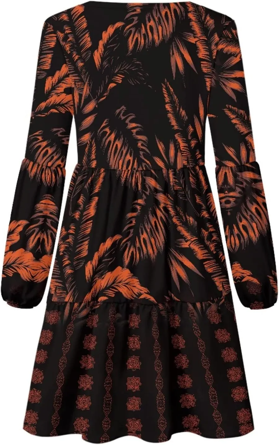 Bengbobar Womens Polynesian Print Dress Flower V Neck Long Puff Sleeve Casual Summer Elegant Mini Loose Pleated Shift Dresses