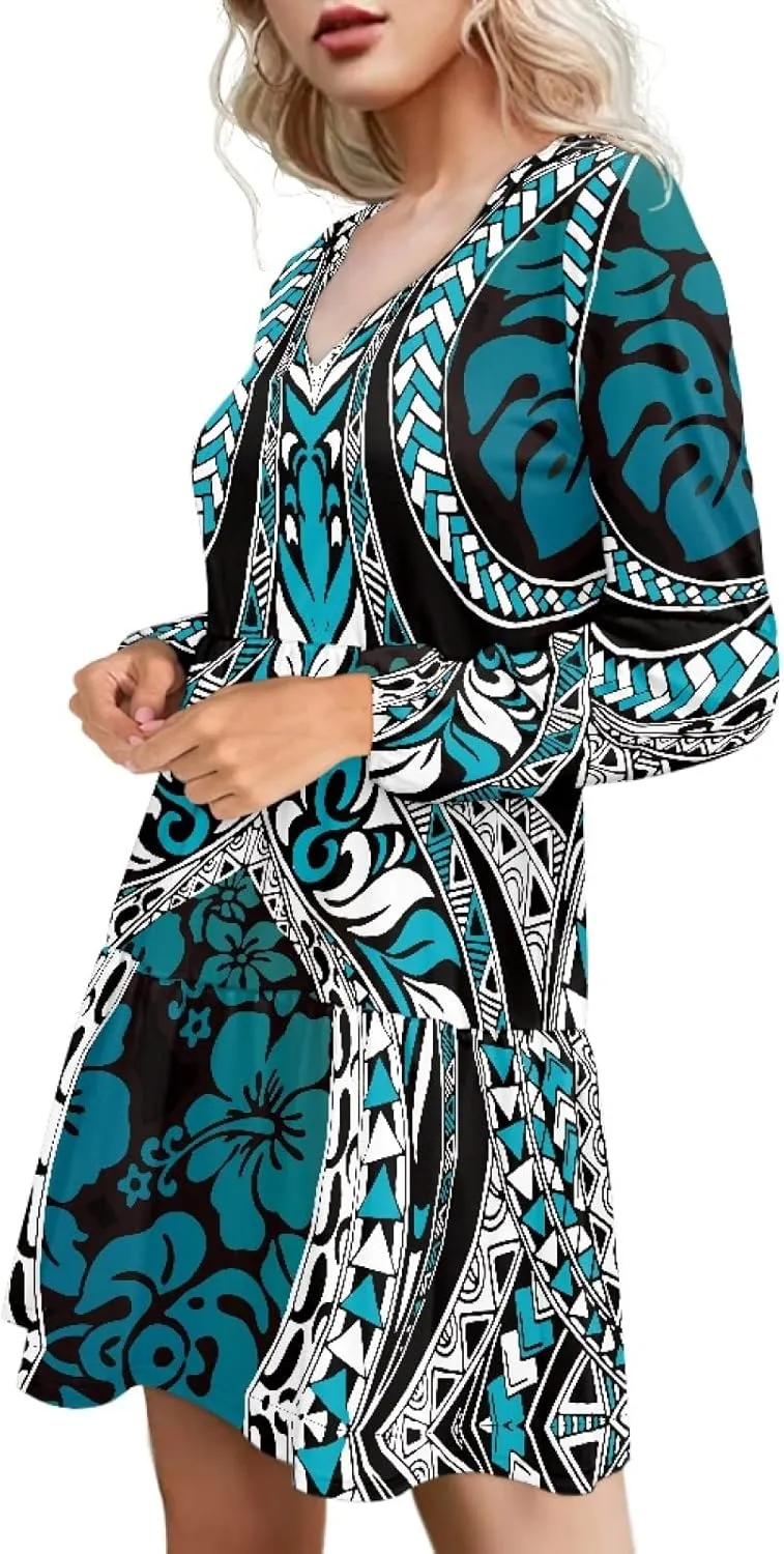 Bengbobar Womens Polynesian Print Dress Flower V Neck Long Puff Sleeve Casual Summer Elegant Mini Loose Pleated Shift Dresses