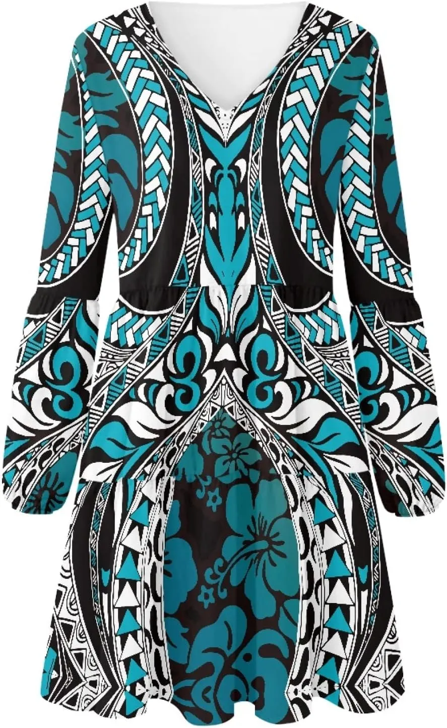 Bengbobar Womens Polynesian Print Dress Flower V Neck Long Puff Sleeve Casual Summer Elegant Mini Loose Pleated Shift Dresses