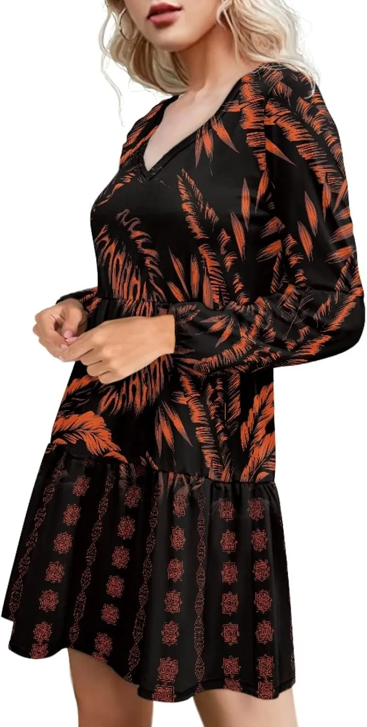 Bengbobar Womens Polynesian Print Dress Flower V Neck Long Puff Sleeve Casual Summer Elegant Mini Loose Pleated Shift Dresses