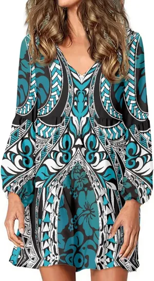 Bengbobar Womens Polynesian Print Dress Flower V Neck Long Puff Sleeve Casual Summer Elegant Mini Loose Pleated Shift Dresses