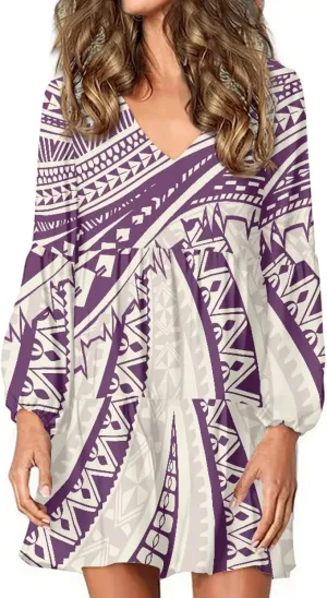 Bengbobar Womens Polynesian Print Dress Flower V Neck Long Puff Sleeve Casual Summer Elegant Mini Loose Pleated Shift Dresses