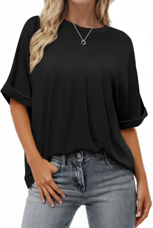 Buauty Womens Oversized Short Sleeve Tshirt, Plus Size Tops Loose Basic Crew Neck Tee, Summer Business Casual Top 2025 Trendy Black