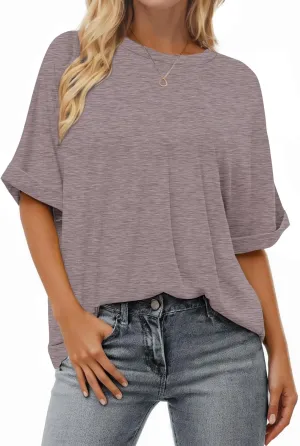 Buauty Womens Oversized Short Sleeve Tshirt, Plus Size Tops Loose Basic Crew Neck Tee, Summer Business Casual Top 2025 Trendy Brown