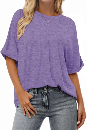 Buauty Womens Oversized Short Sleeve Tshirt, Plus Size Tops Loose Basic Crew Neck Tee, Summer Business Casual Top 2025 Trendy Purple