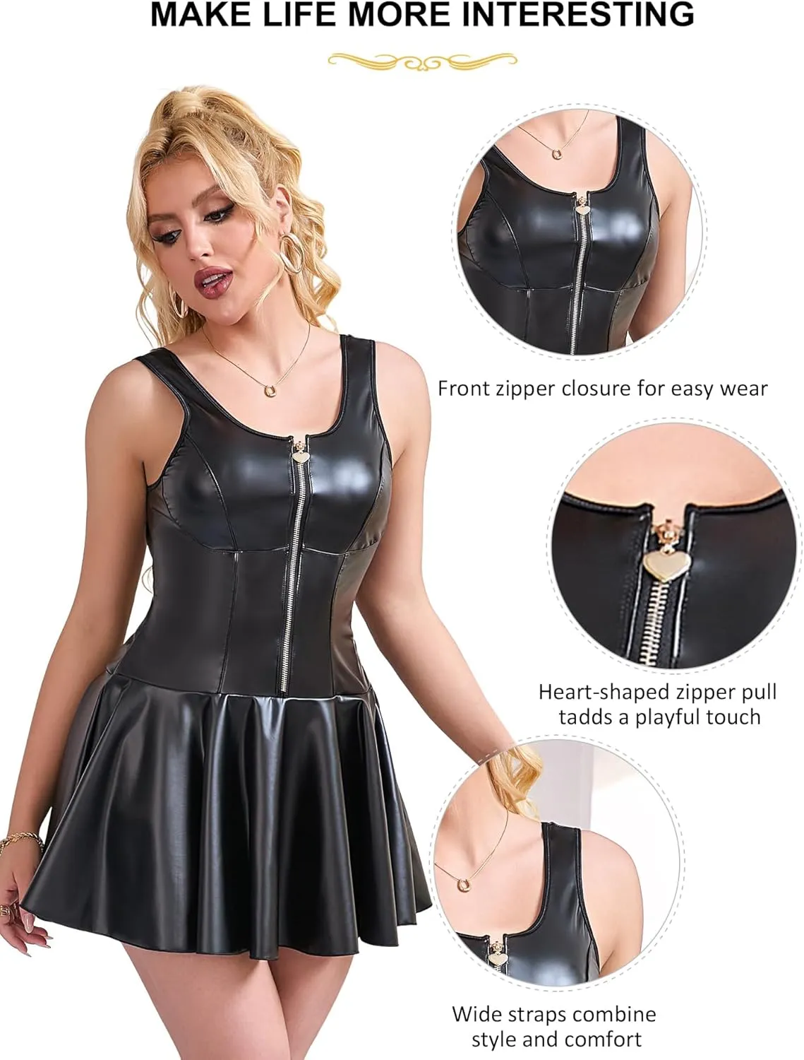 comeondear Plus Size Lingerie Sets for Women Sexy PU Leather Babydoll Dress with Zipper Sleeveless Chemise Clubwear