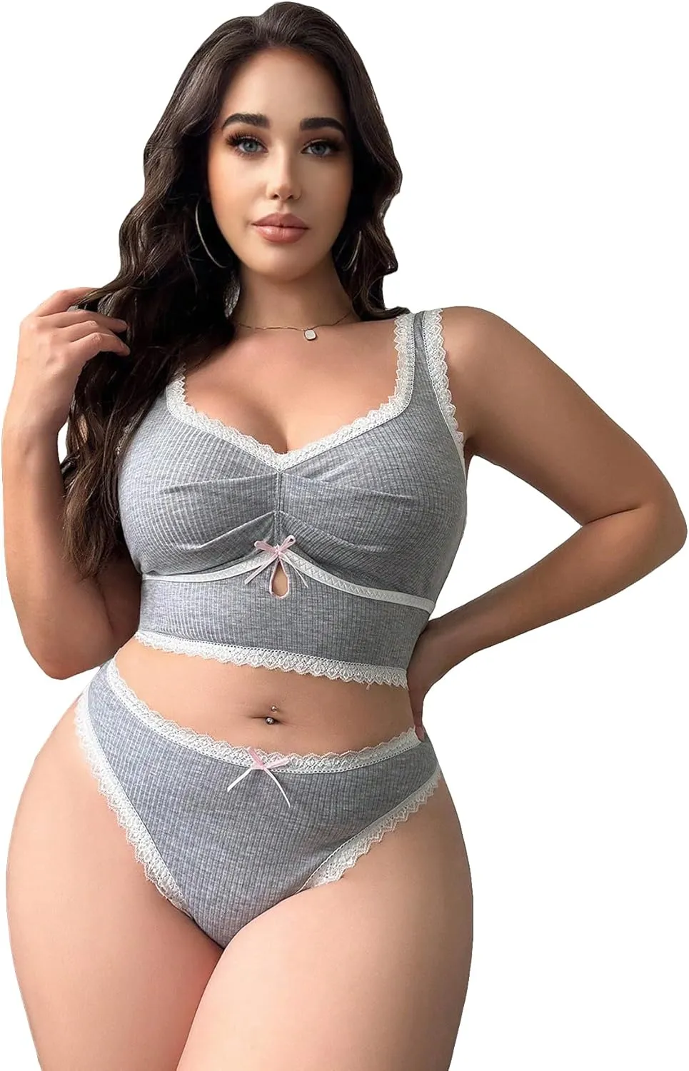 COZYEASE Women's Plus Size 2 Piece Lingerie Set Solid Comfort Lace Camisole and Panty Sets