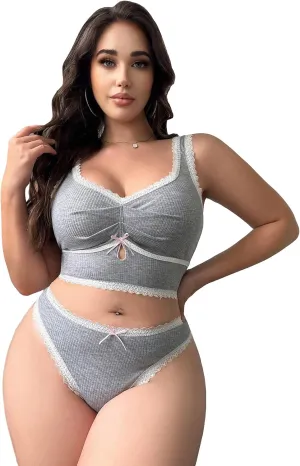 COZYEASE Women's Plus Size 2 Piece Lingerie Set Solid Comfort Lace Camisole and Panty Sets