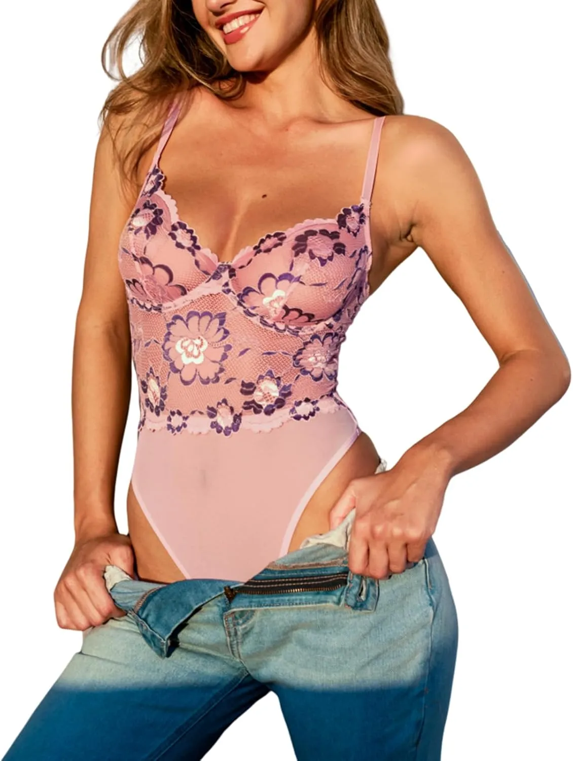 CUPSHE Pink Lingerie Bodysuit for Women Rave Outfits Tummy Control Bodysuit for Women Lace Underwire Bra