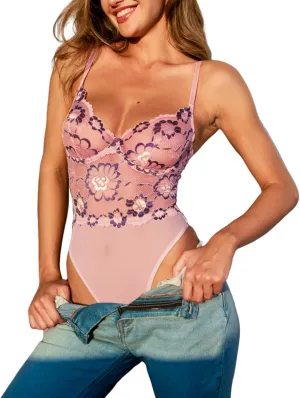 CUPSHE Pink Lingerie Bodysuit for Women Rave Outfits Tummy Control Bodysuit for Women Lace Underwire Bra