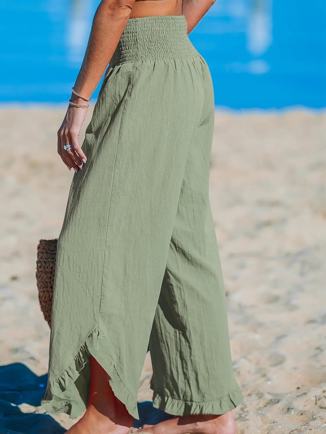 CUPSHE Women Pants Smocked Waist Straight Leg Ruffle Cuffs Loose Fit Pant Casual Beach