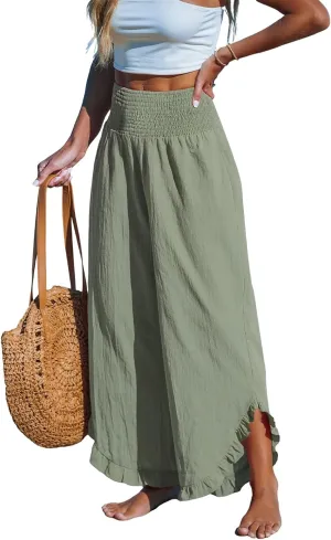 CUPSHE Women Pants Smocked Waist Straight Leg Ruffle Cuffs Loose Fit Pant Casual Beach