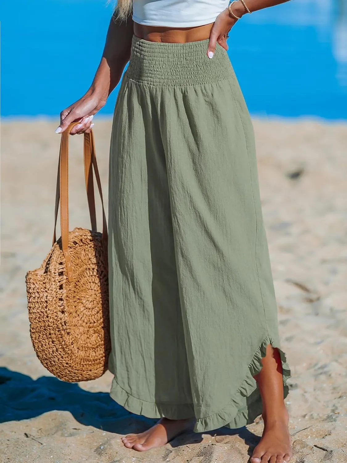 CUPSHE Women Pants Smocked Waist Straight Leg Ruffle Cuffs Loose Fit Pant Casual Beach