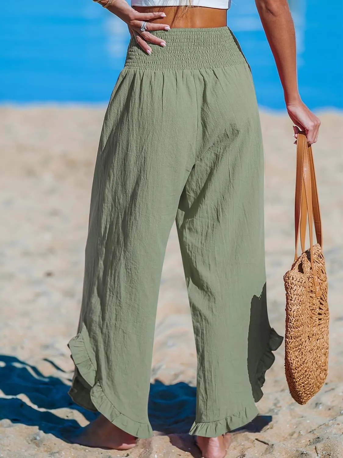 CUPSHE Women Pants Smocked Waist Straight Leg Ruffle Cuffs Loose Fit Pant Casual Beach